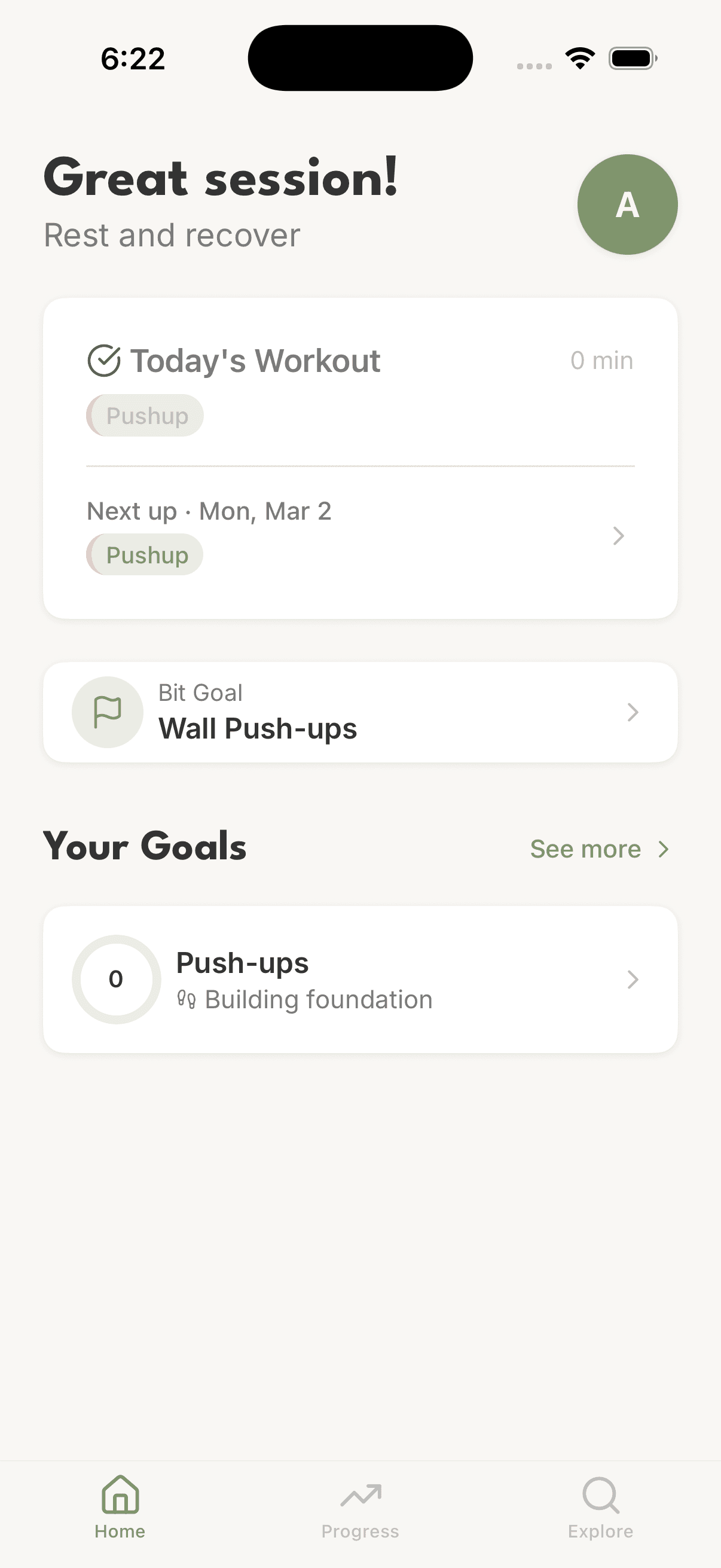 Home screen showing today's workout, upcoming sessions, and your goals