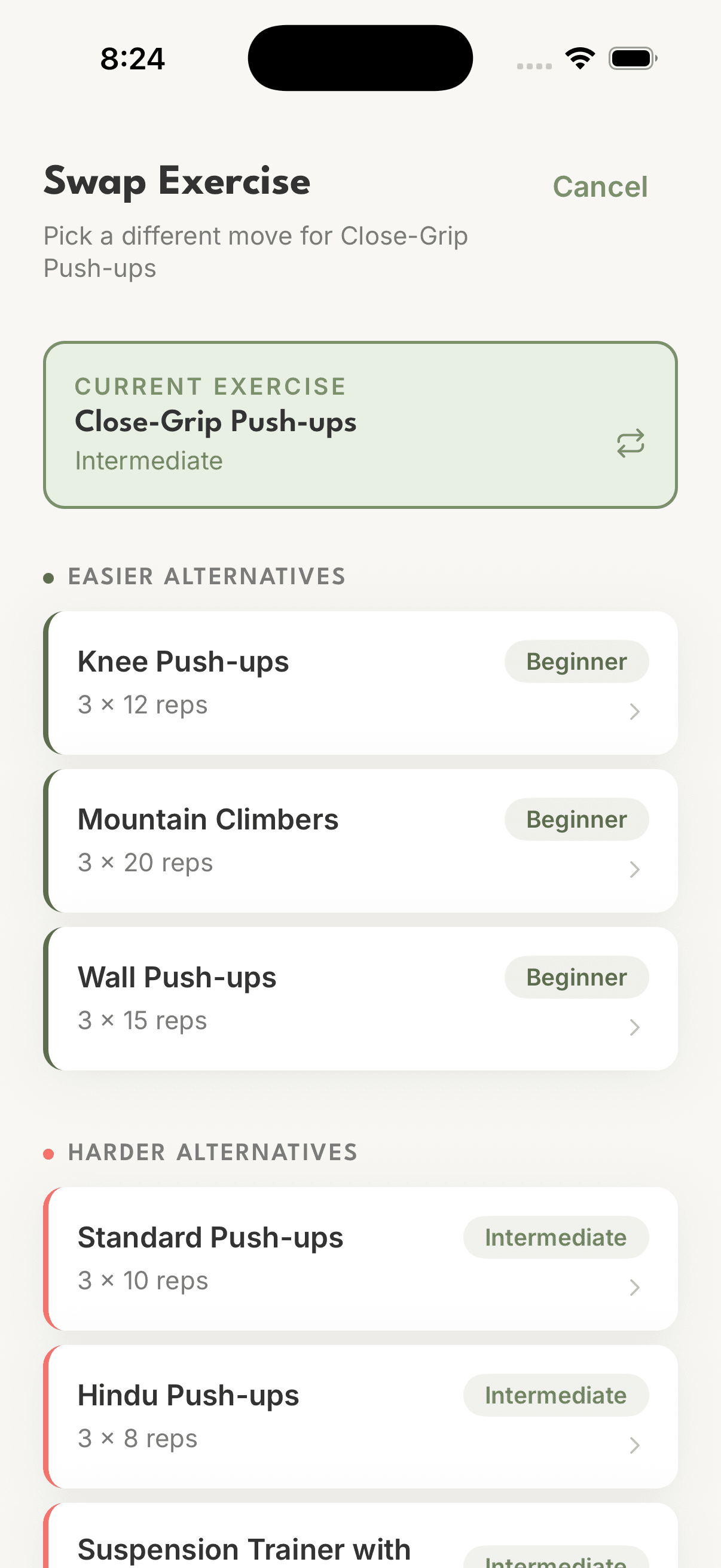 Swap Exercise screen showing easier and harder alternatives with difficulty labels