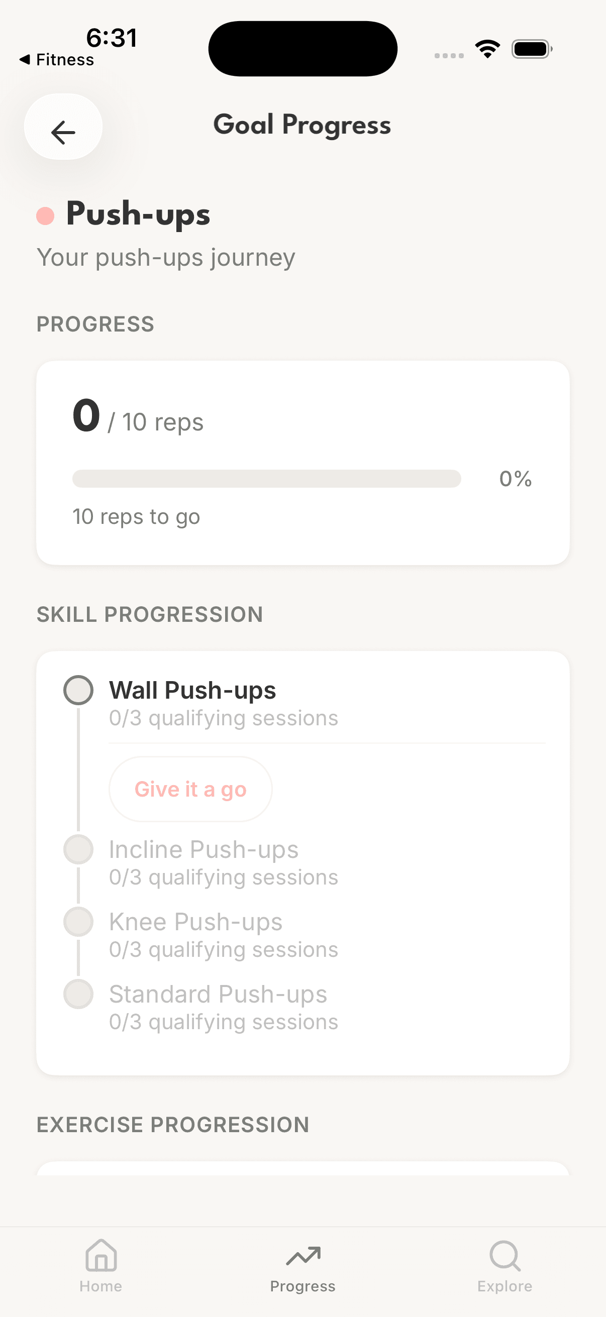Goal progression screen showing skill ladder from beginner to advanced