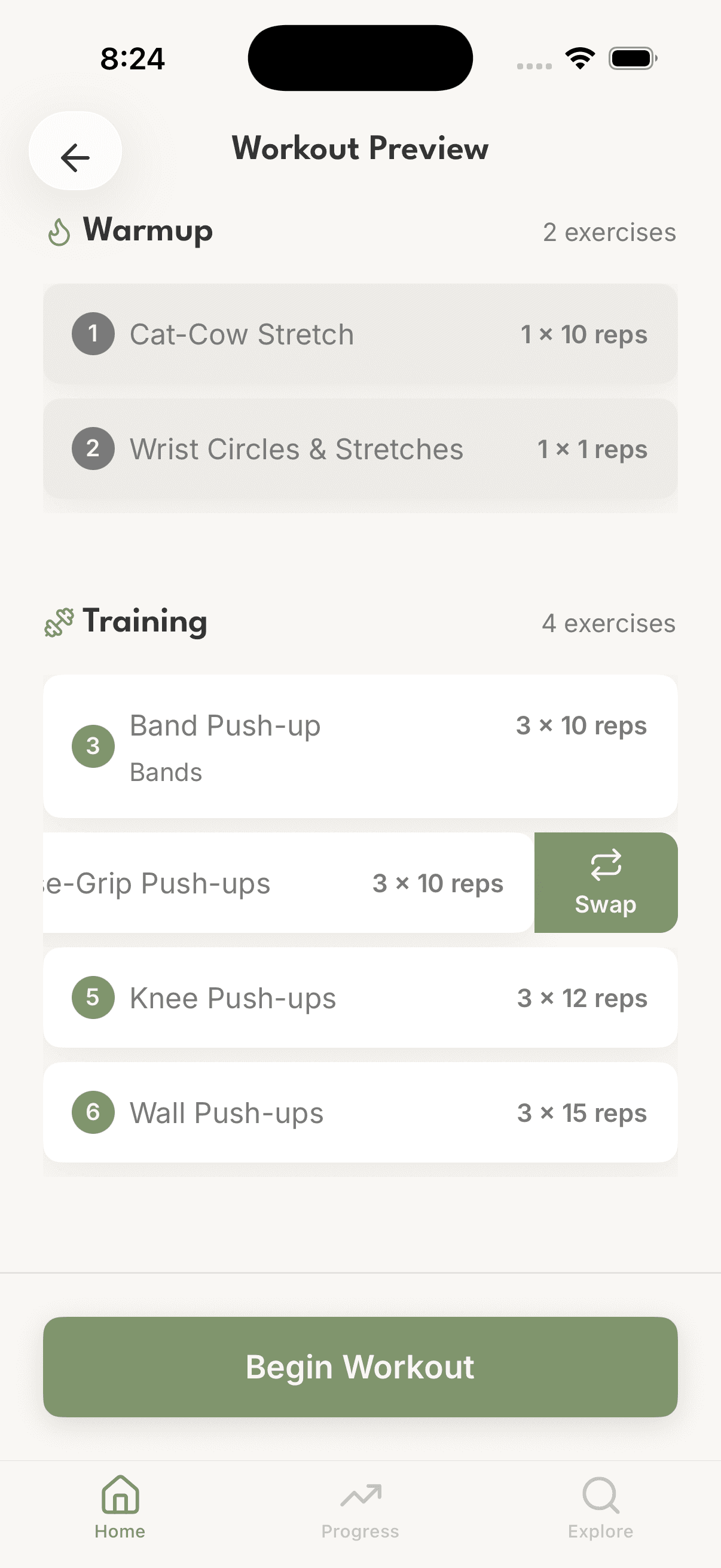 Workout preview with Swap button visible on an exercise