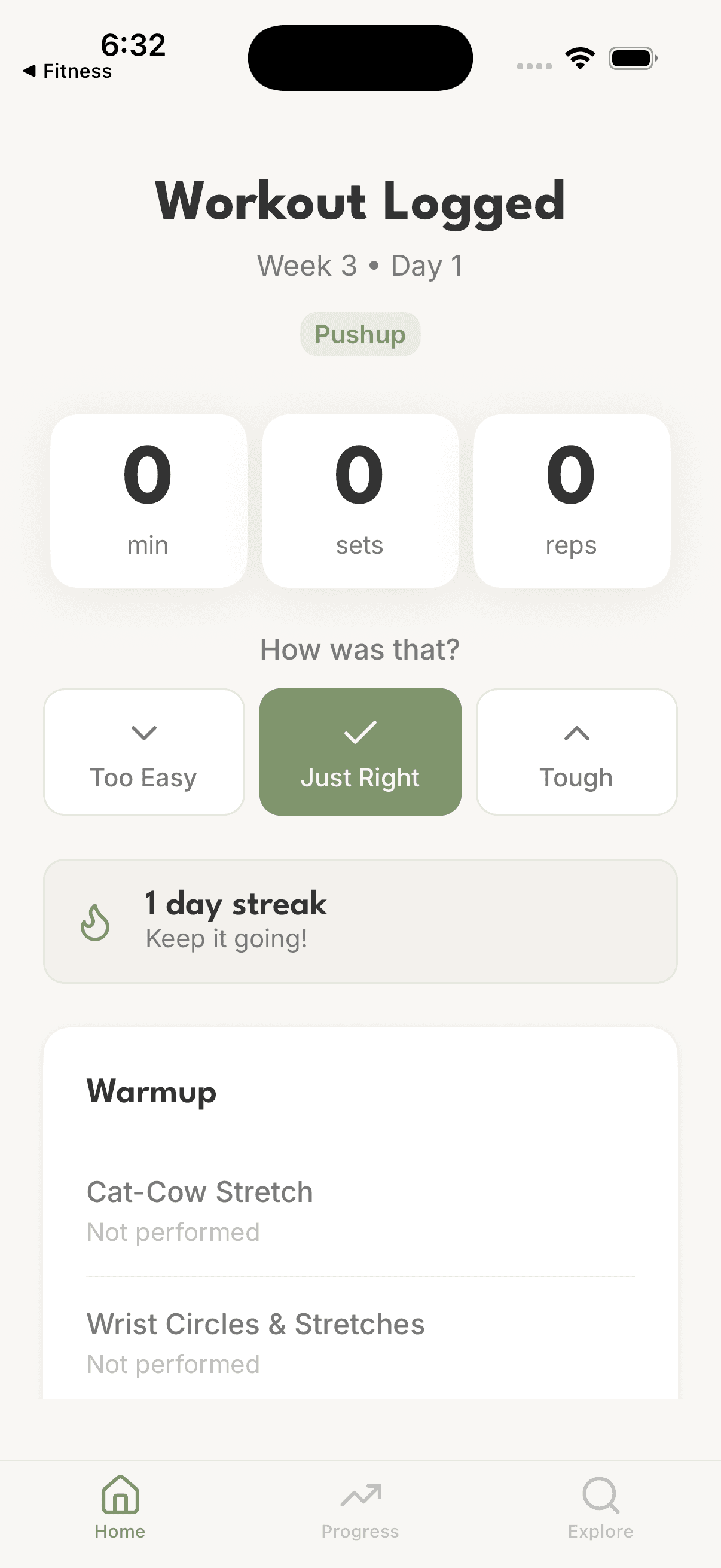 Workout summary screen with difficulty rating, streak tracking, and session stats