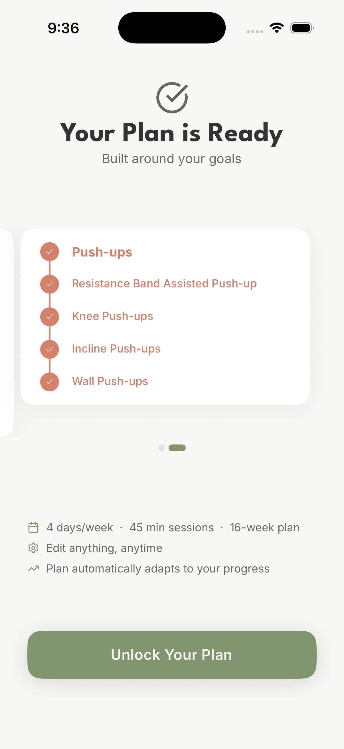 Your Plan is Ready screen showing Push-ups progression chain with 4 days per week, 45 minute sessions, and 16-week plan
