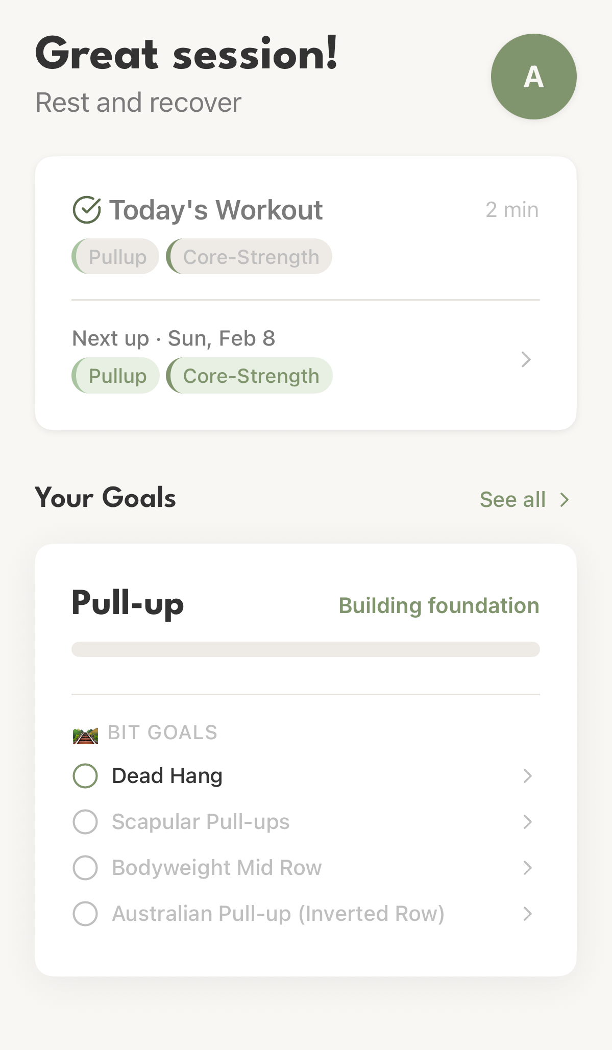Home screen showing goal progress and bit goals progression chain