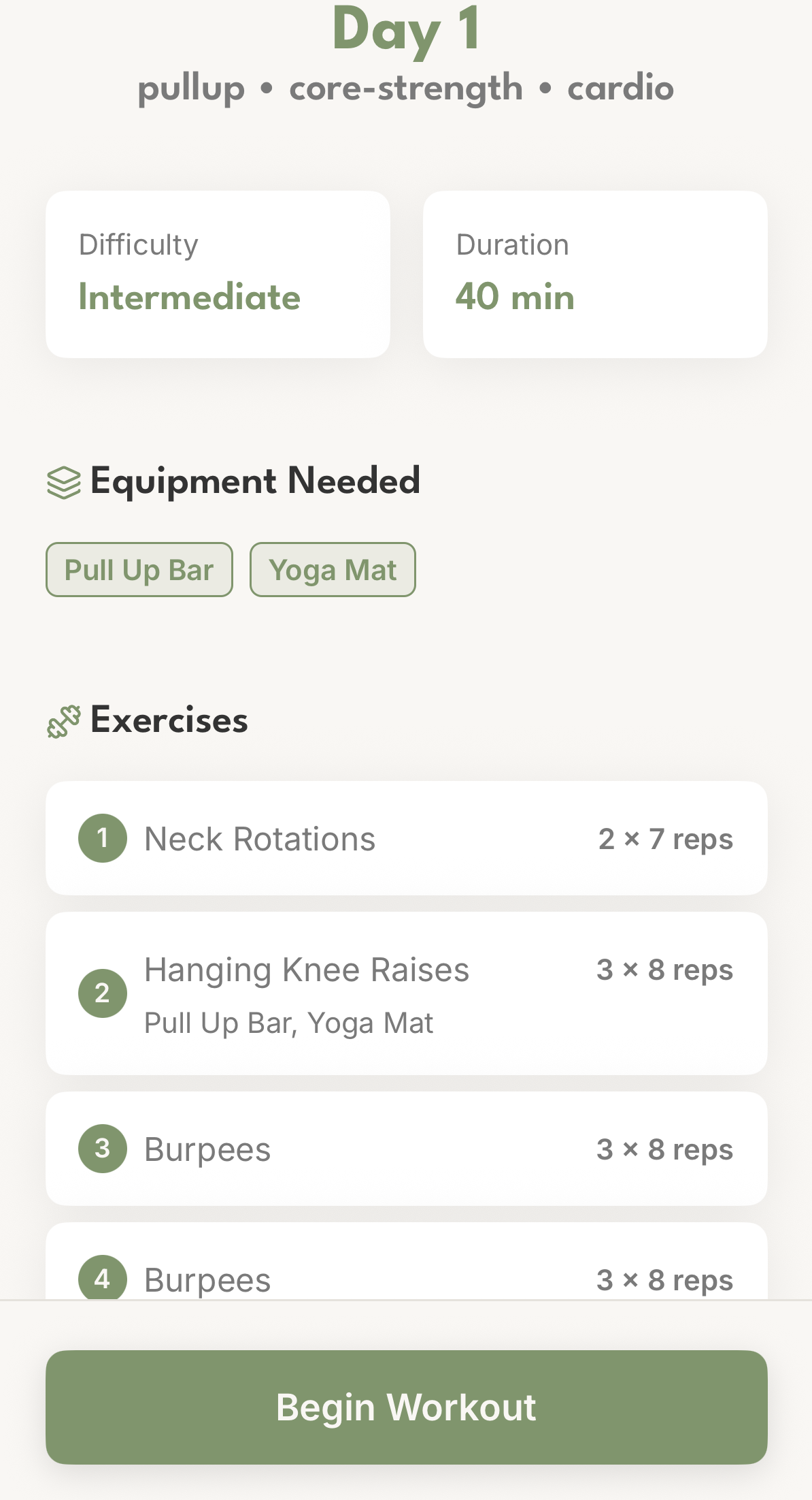 Personalized workout plan showing exercises tailored to your level